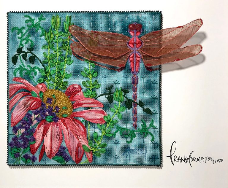 Artwork of a dragonfly and a pink flower.