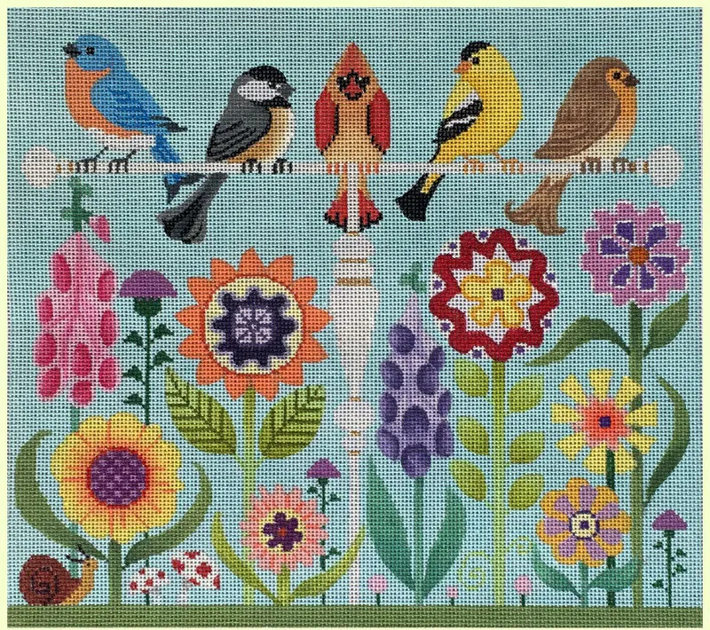Needlepoint design with five perched birds above a row of colorful flowers on a teal background