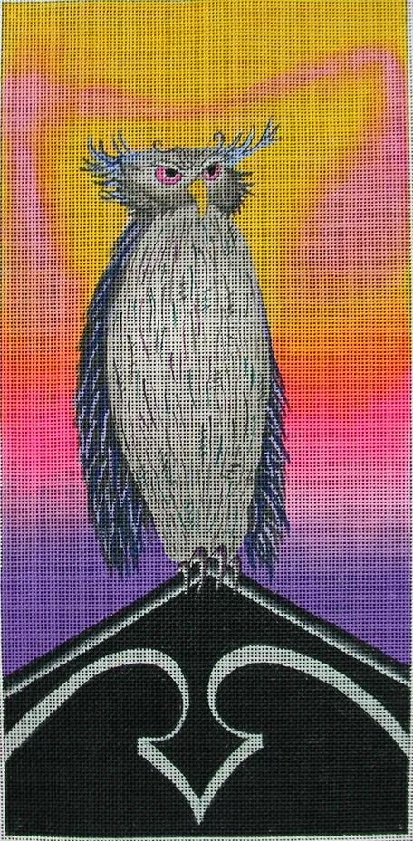 Needlepoint design of a stylized owl with tufted ears standing on a dark ornamental shape, set against a gradient sunset